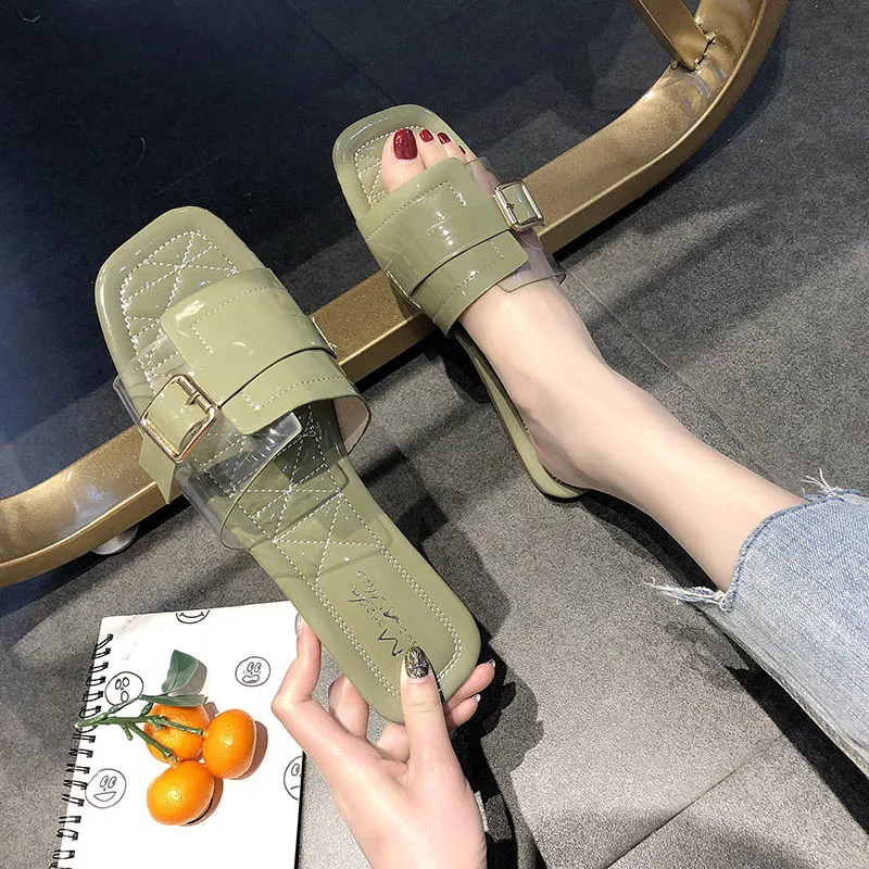 Брендовая Летняя женская прозрачная обувь; зеленые прозрачные сандалии для девочек; пляжные вьетнамки с открытым носком; дизайнерская повседневная обувь на низком каблуке; обувь на плоской подошве - Цвет: Зеленый