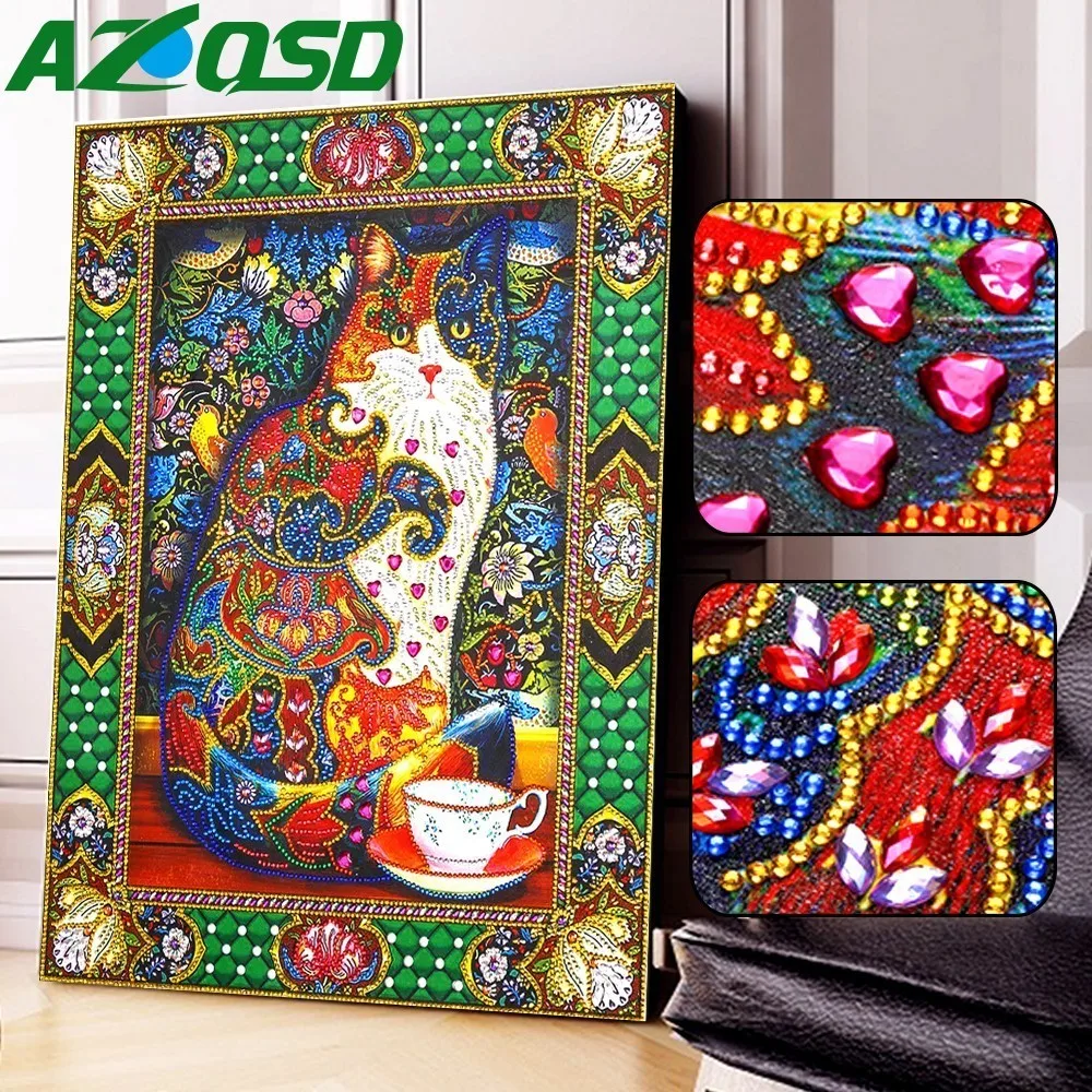 

AZQSD 5D DIY Diamond Painting Animal Picture of Rhinestones Diamond Mosaic Cat Home Decor Partial Round Drill Special Shaped