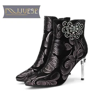 

MLJUESE 2019 women ankle boots Kid Suede Totem floral winter warm boots thin heel high heels women boots party dress size 33-41