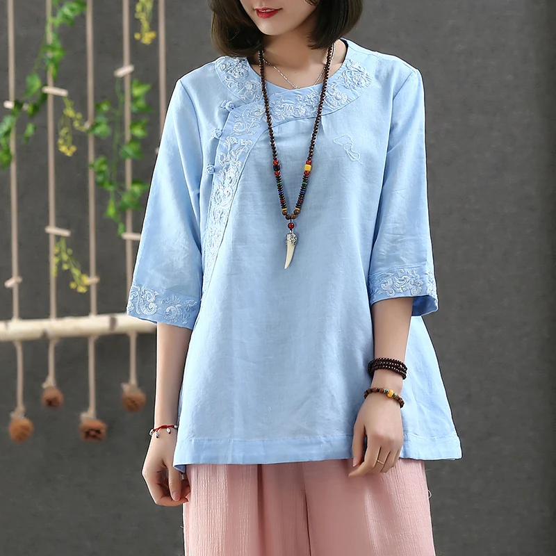 Chinese Style Embroidered Women Blouses Loose Three Quarter Sleeve