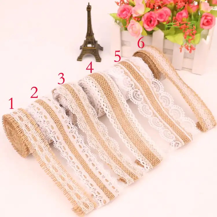 1m Vintage Flower Lace Edged Hessian Burlap Ribbon Roll for Wedding Party Decor