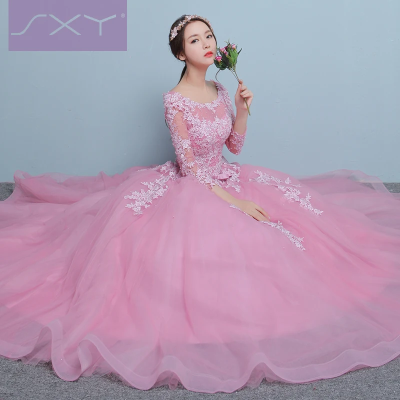Robe de soiree 2017 pink boat neck ball gown lace thin Off Shoulder evening font b
