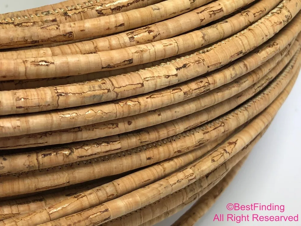 

1meter 6mm Cork leather cord Natural color stitched round portuguese cork leather