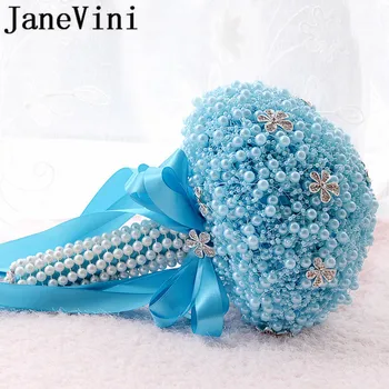 JaneVini Pearls Rhinestone Wedding Bouquet Blue Ribbon Satin Rose White Wedding Flowers Luxury Beaded Bridal Bouquet De Mariage luxury clear leaf design rhinestones beaded trim bridal wedding garter sets with white ribbon bow handmade