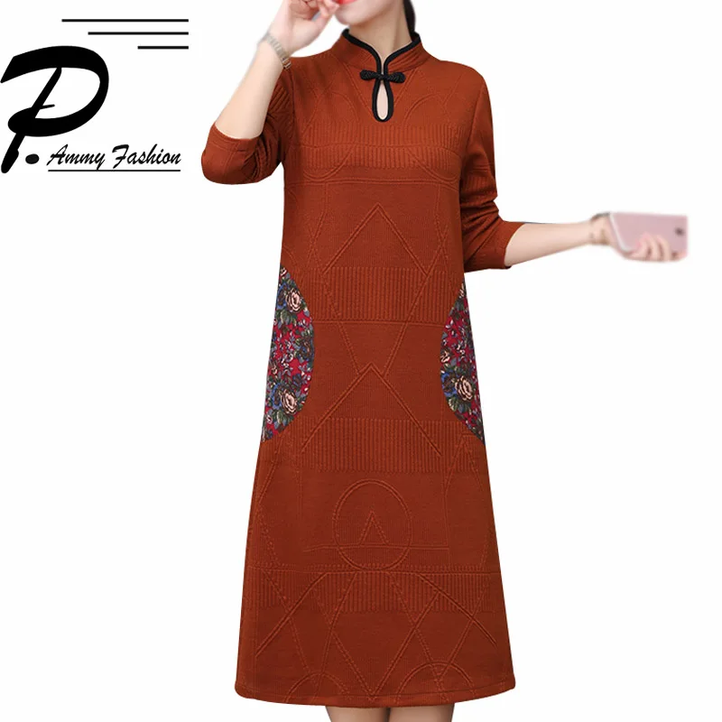 

Women Casual Vintage Vestidos Ladies high-end Cheongsam Dress Collar Long Sleeve Knitting Cotton Dresses Plus Size