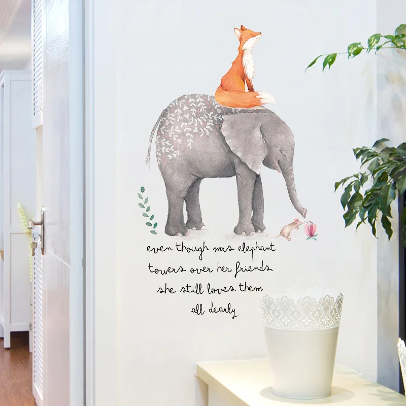 Hand Painted Style Cartoon Animals Wall Stickers Elephant Fox Art Decals for Living Room Bedroom Reading Room Picture Murals PVC