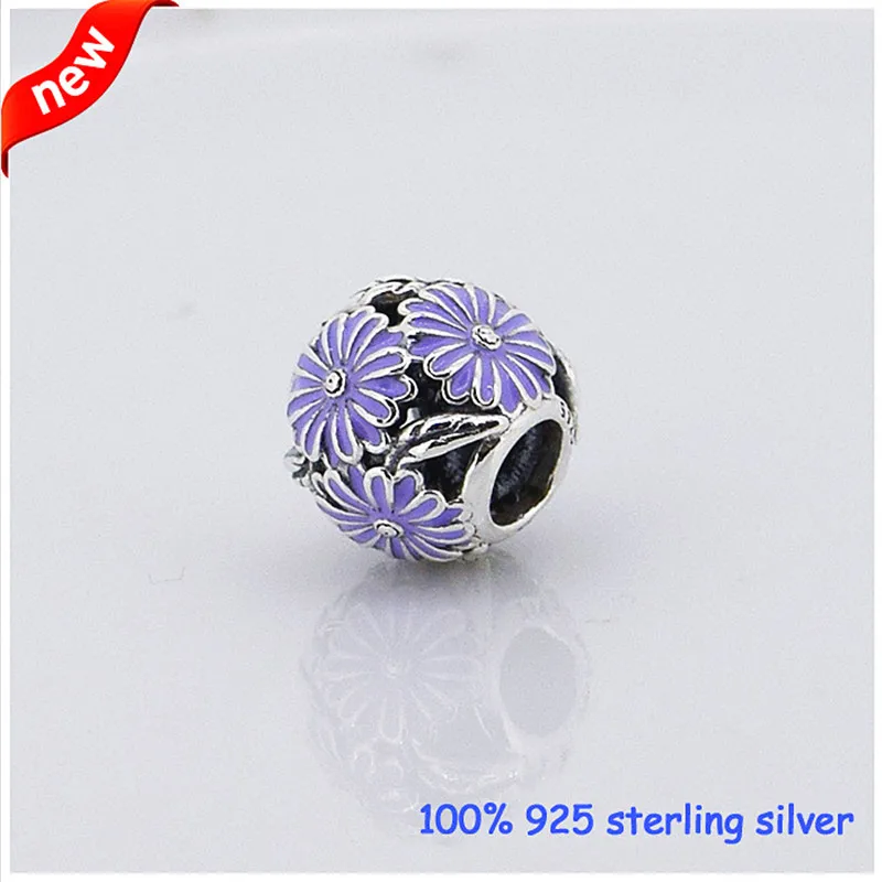 

100% 925 Sterling Silver Lavender Daisy Charm Beads for Jewelry Making Fit Bracelets DIY Fine Jewelry YL172