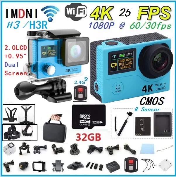  4 K 100% H3 / H3R remote Action camera Ultra HD 4K WiFi 1080P dual screen 2.0 +0.95 gopro style 170D go waterproof pro sport cam 