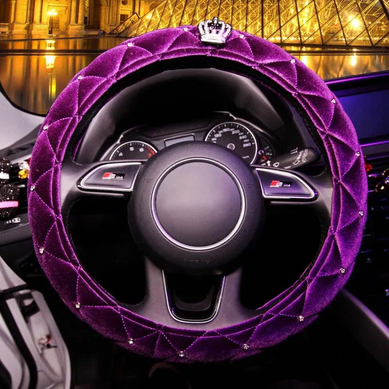 Зимний чехол на руль с алмазным кристаллом Корона Авто плюшевый мех Чехлы на руль чехлы черные для женщин девочек автостайлинг - Название цвета: purple