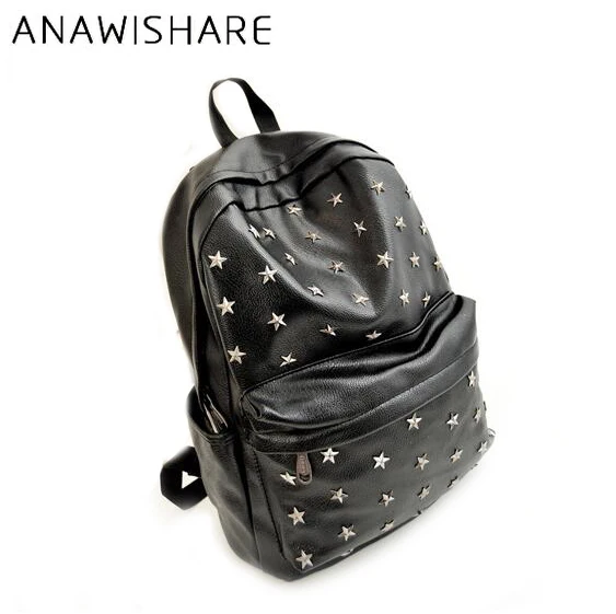 

ANAWISHARE Women Backpack Pu Leather School Bag For Teenagers Punk Rivet Female Travel Bags Black Bolsos Mujer
