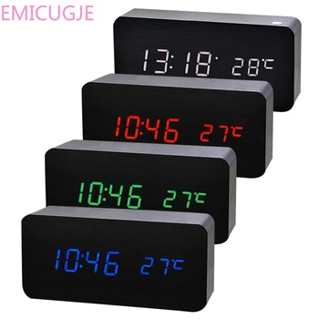 

Electronic Sounds Control For Desktop Table Home LED Alarm Clock Wooden Digital Temperature