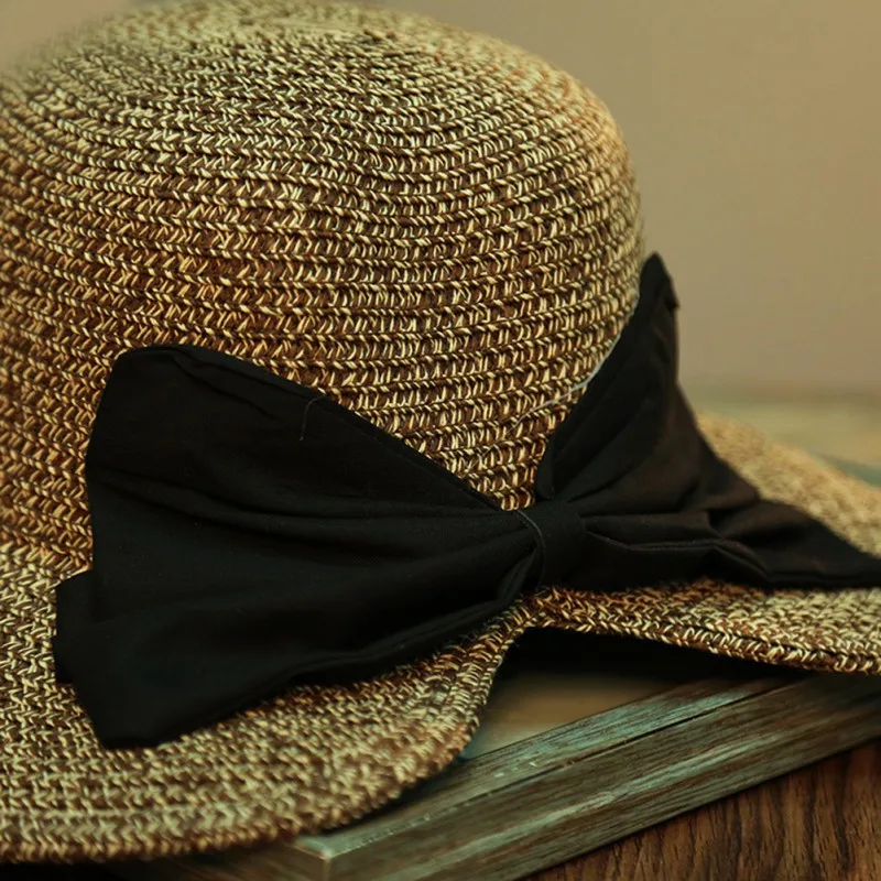 Уличная Женская Складная широкополая шляпа, сплошная раскол за широкими большими полями, летняя пляжная спортивная шапка, кепка, пляжный солнцезащитный козырек с большим бантом