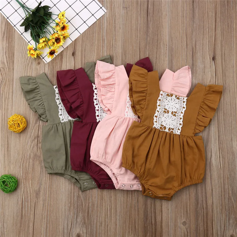 

Toddler Baby Girl Clothes Pretty Sister Matching Lace Bodysuits Flying Sleeve Sunsuits Baby Girl Backless Cotton Bodysuit 0-24M