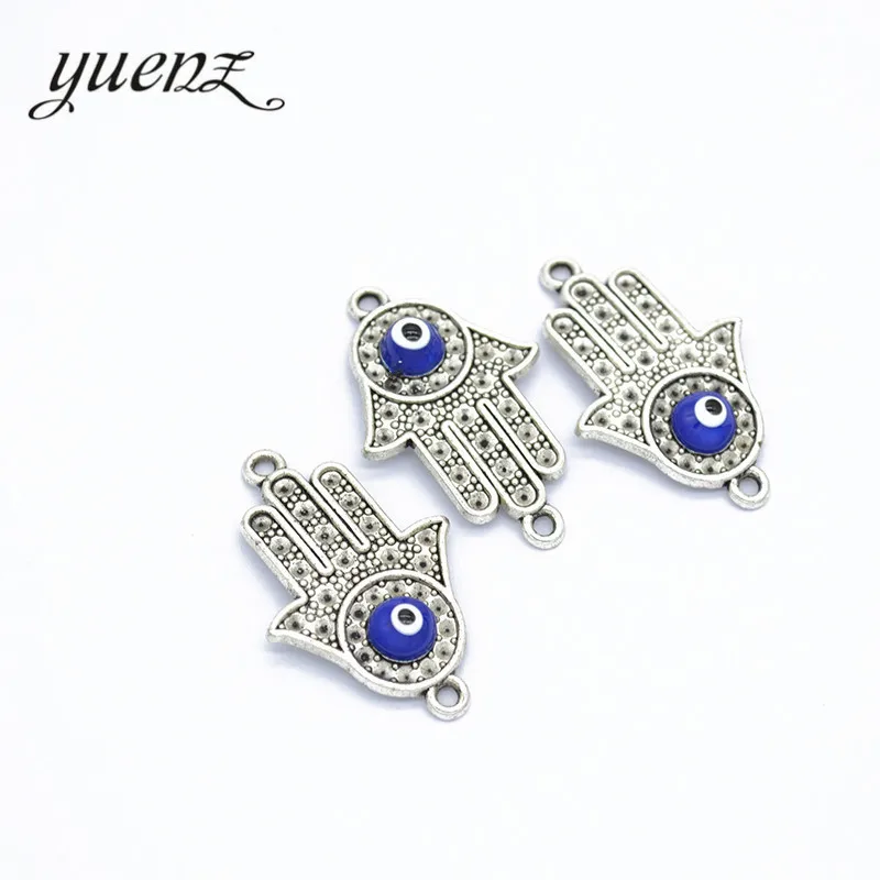

YuenZ 5pcs Blue Eye Fatima Hand Charms Antique Silver Metal Pendant Bracelet For Jewelry Making DIY Crafts 35*22mm I169