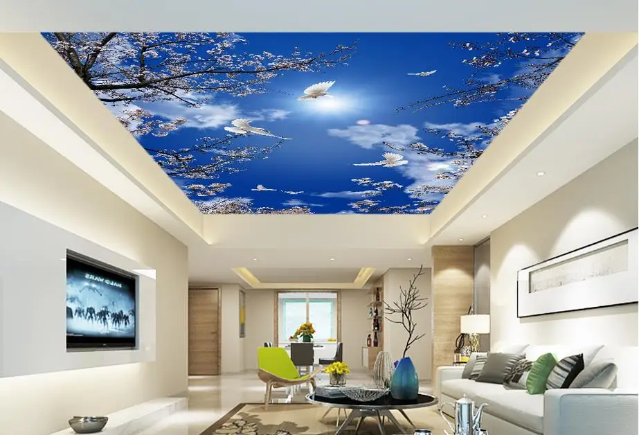 Пользовательские 3d потолочные фрески вишня голубое небо голуби обои для ванной комнаты 3d потолочные фрески живопись обои на потолок