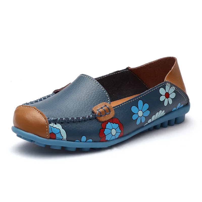 Ariari/Женская обувь из коровьей кожи на плоской подошве Балетки с цветочным принтом легкие туфли для медсестры с гибкой аппликацией модные мягкие повседневные Мокасины - Цвет: Blue Shoes