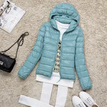 Женская Ультралегкая пуховая куртка Зимние куртки-пуховики женщин Тонкий тонкие длинные рукава парки Пальто с капюшоном на молнии Большие размеры