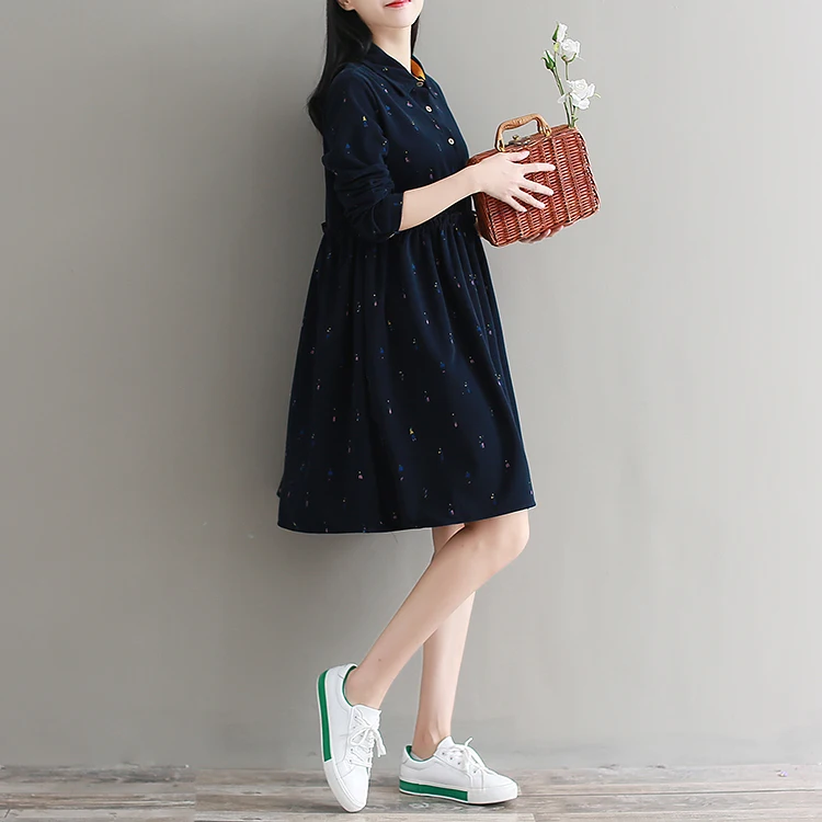 Женское милое платье весна-осень,свободное платье с кавайным принтом человечки,вельветовое платье,симпатичное платье японского стиля,зелёного и темно-синего цвета,с длинным рукавом
