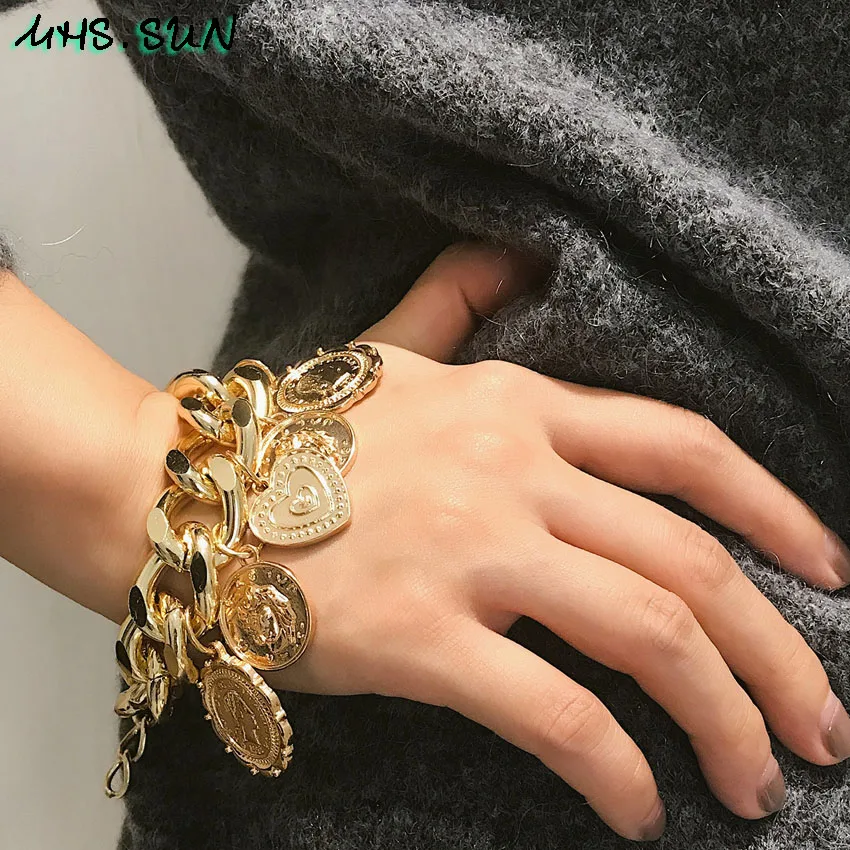 MHS. SUN преувеличенные женские браслеты модные европейские серебряные/золотые браслеты с очаровательными кулоны в виде монеты новые ювелирные изделия