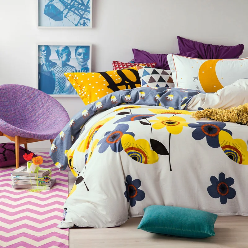 Big flowers colorful print bedlinens 4pcs duvet cover set 100% sanding thick cotton Queen/King size bedding set sheet set