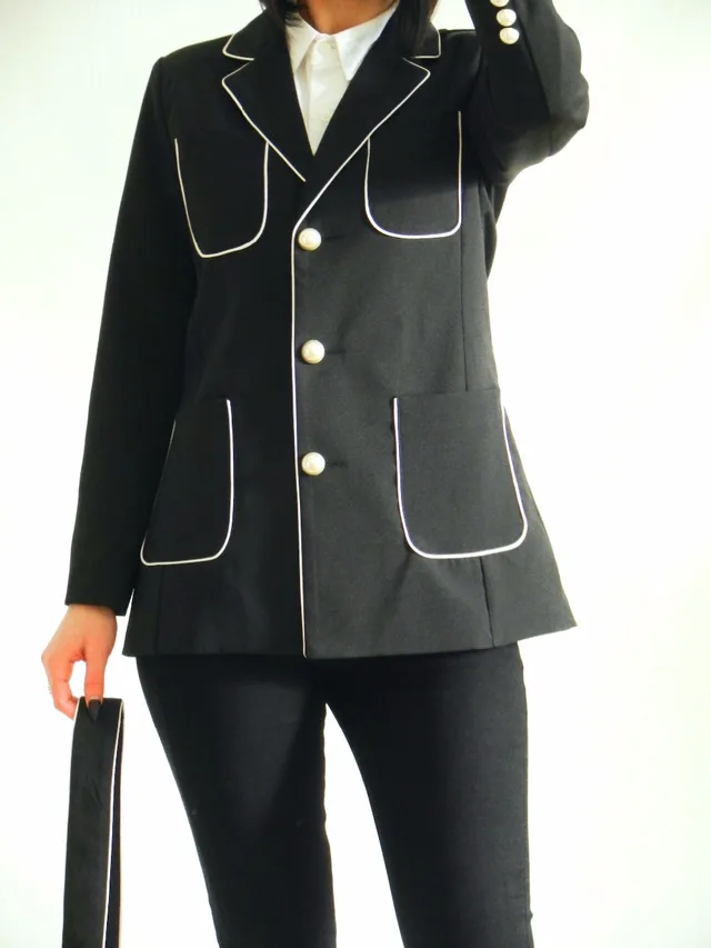 Autumn Leisure Golden Button Black White Edge Fasten Strip Women Office Lady Female High End Suit Jacket
