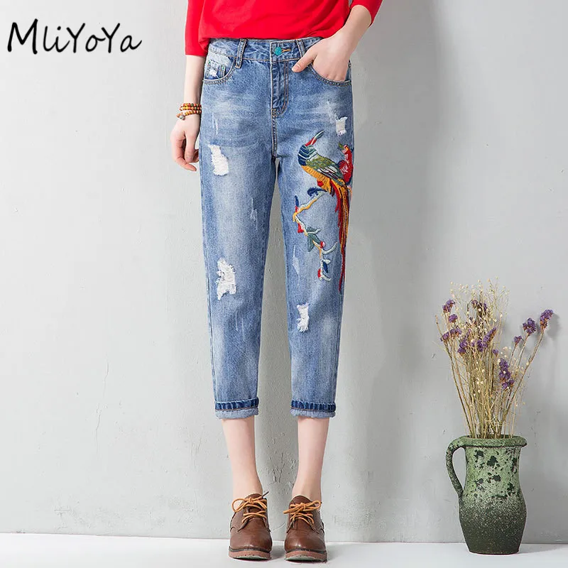 

MLIYOYA Spring Summer Phoenix Embroidery Jeans Women Vintage Casual ripped hole Denim Pants Loose Ankle-length Pants Trousers