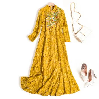 

Plus size New Women Autumn yellow dress slim lace embroidery Chinese style improved cheongsam fishtail dress female long dresses