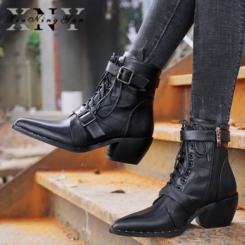 

Brand Design Women Motorcycle Boots Fashion Rivet Buckle Lace Up Ankle Boots Pointed Toe Chunky Heel Zipper Botas Shoes Woman