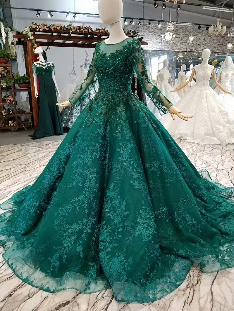 LS963214 королевский зеленый мусульманский вечернее платье длинные тюлевые рукава o шеи бисер цветы бальное платье женщины случай платье Китай опт