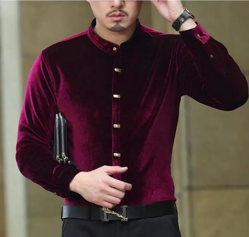Рубашка мужская приталенная с воротником стойкой модная роскошная шелковая