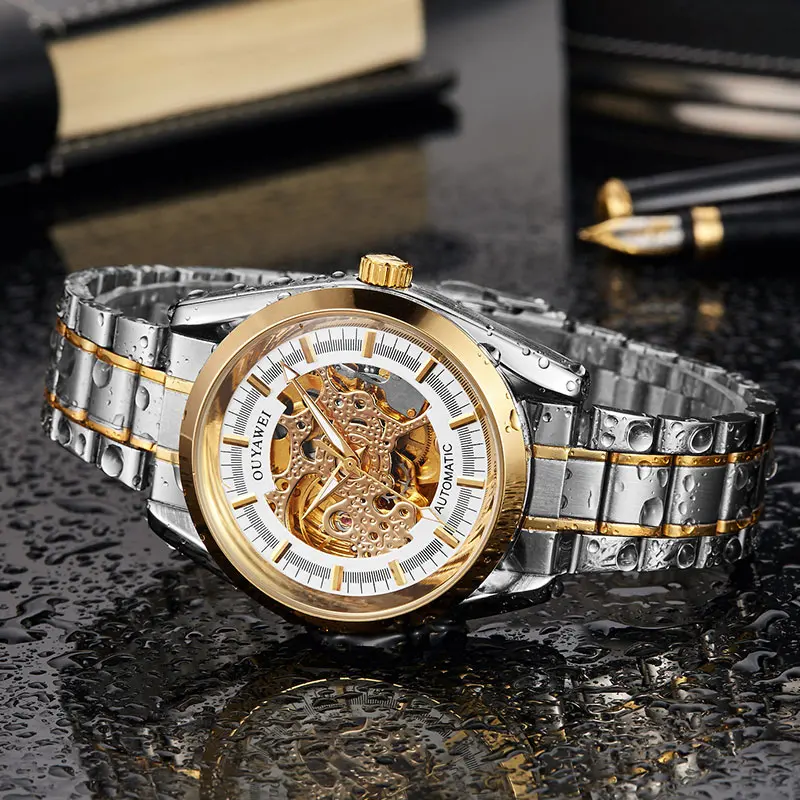 2019 OUYAWEI New Lover s Watch Couple Automatic Mechanical Wristwatch Fashion Casual Stainless Steel Gold Skeleton 3
