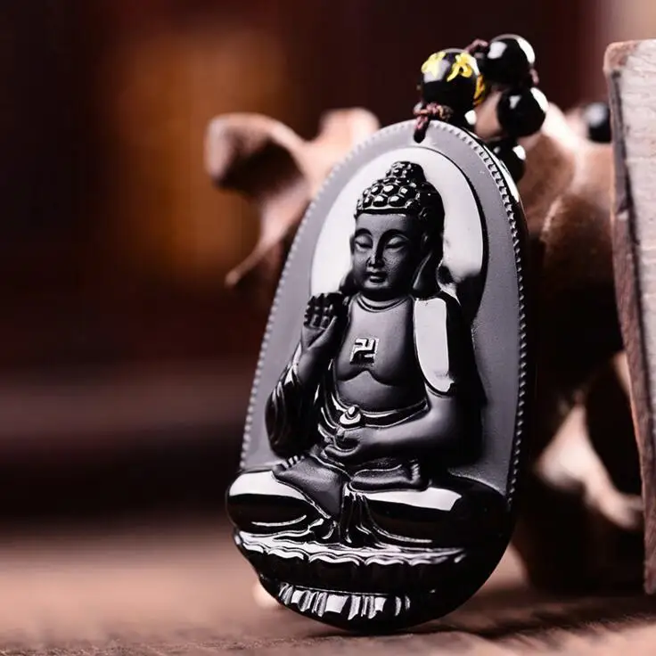 

Necklace Buddha Statue Halloween For Women Men pendants 48*32mm Natural Black Obsidian Carved Buddha Lucky Amulet Pendant