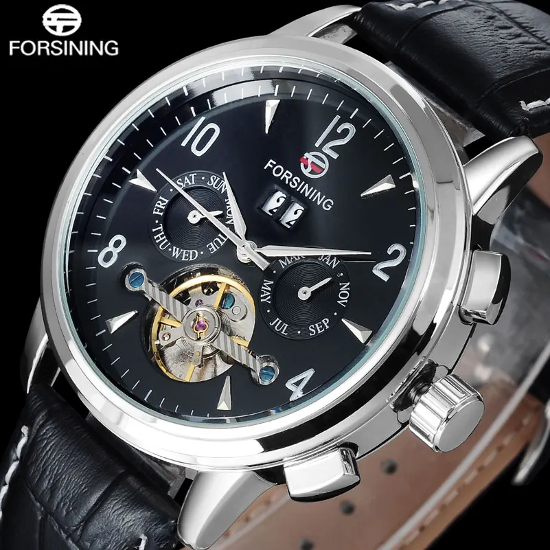 FORSINING brand men fashion mechanical tourbillon watches geneine leather band luxury hot men s automatic skeleton