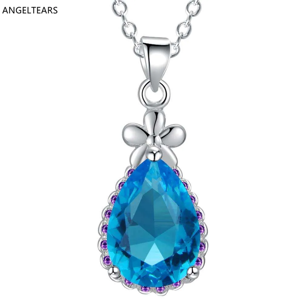 Luxury silver color CZ crystal angel tears pendant necklace fashion ...