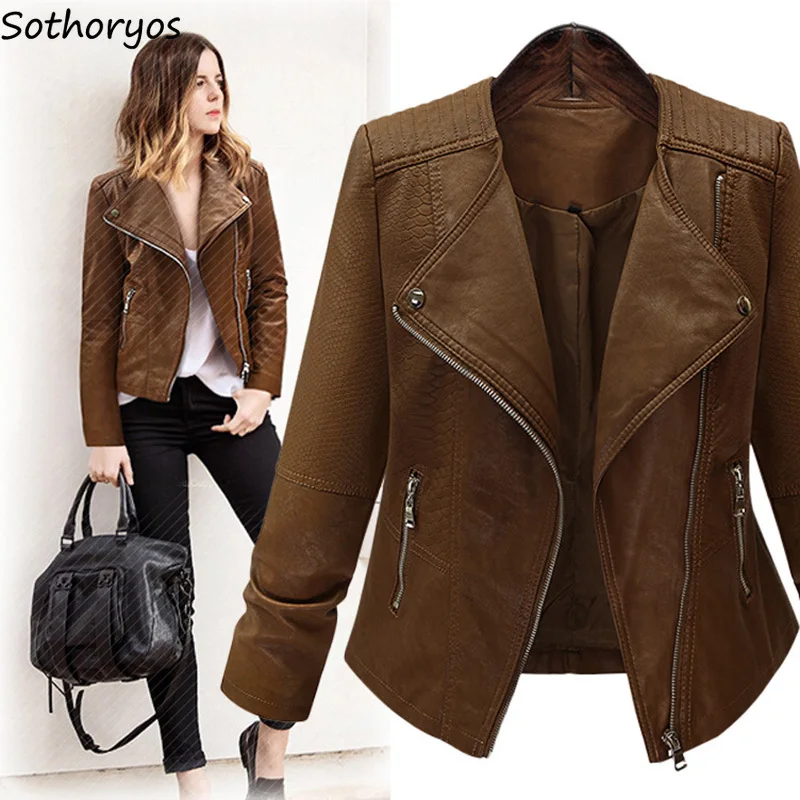 incredible  Jackets for Women PU Leather Plus Size Turn-down Collar Solid All-match Jacket Womens Simple Slim E