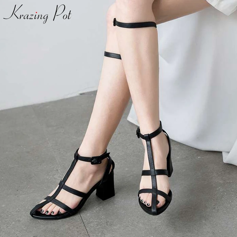 

Krazing pot genuine leather peep toe summer women high heels European solid color nightclub sexy gladiator gorgeous sandals L68