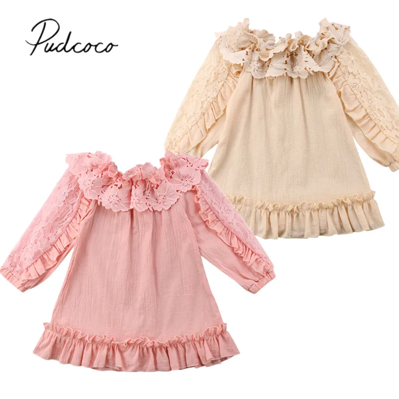 

2018 Brand New Princess Toddler Baby Girls Party Dress Off Shoulder Long Sleeve Lace Floral Ruffles Hollow Out Dress Outfit 2-7Y