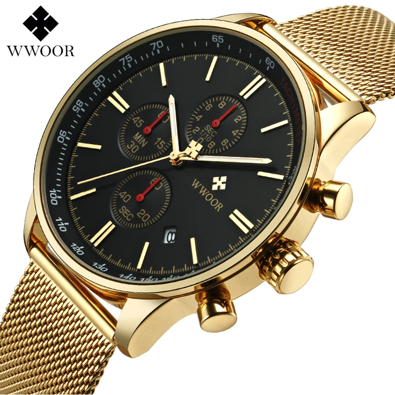 

WWOOR Top Brand Luxury Mens Watches Business Chronograph Waterproof Gold Stainless Steel Sport Men Quartz Wrist Watch Male Clock