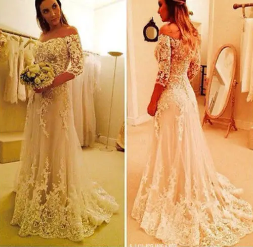 

A-Line Wedding Dresses 2016 Bateau Half Sleeve Sheer Back Sweep Train Off The Shoulder Lace Applique White Bridal Gowns Dress