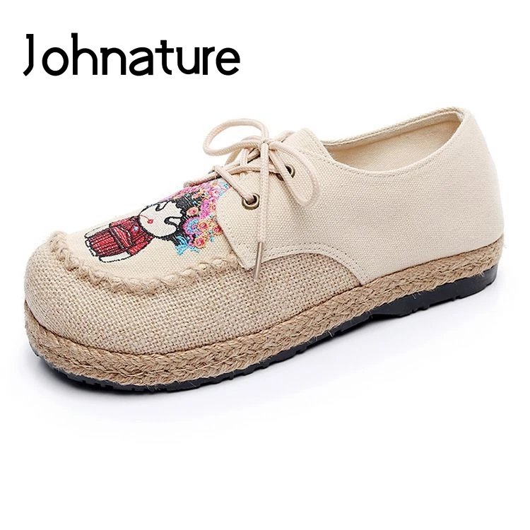 

Johnature 2019 New Spring/autumn Handmade Breathable Canvas Lace-up Retro Round Toe Fisherman Linen Cotton Shoes Woman Flat