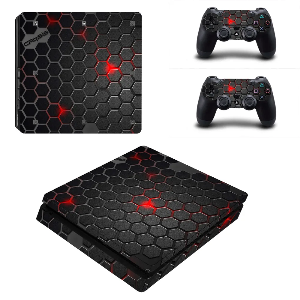 

For Sony PlayStation 4 Slim Console and 2 Controllers Removable Black Grid Vinyl Decal PS4 Slim Skin Stickers Cover Protector