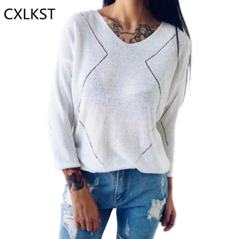 CXLKST Female Sweater Autumn Winter Long Sleeve Round Neck Loose Casual Rhombus Hollow Out Pullover Women Knitted | Женская одежда