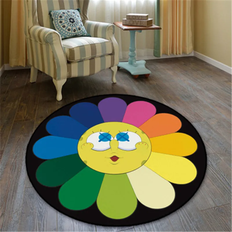 

100X100CM OriginalFake KAWS Takashi MURAKAMI Sun Flower Non-slip Round Carpet Chair Cushion Model Action Figure Decoration X607