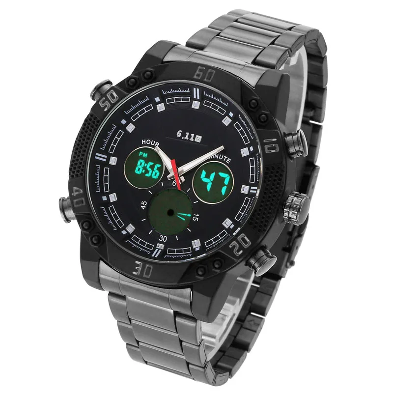 

6.11 Luxury Brand Mens Fashion Full Steel Digital Quartz Double display Waterproof Blacklight Led Digital Watch Men Sport Watch
