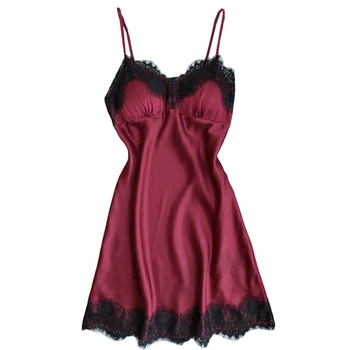 

Women Sleepwear Nightdress Lingerie Spaghetti Strap Lace Silk Nightwear Ladies Removable Pad