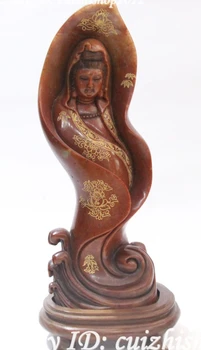 

10" Unique Natural Shoushan Stone Carving Kwan-yin Guan Yin Goddess Leaf Statue