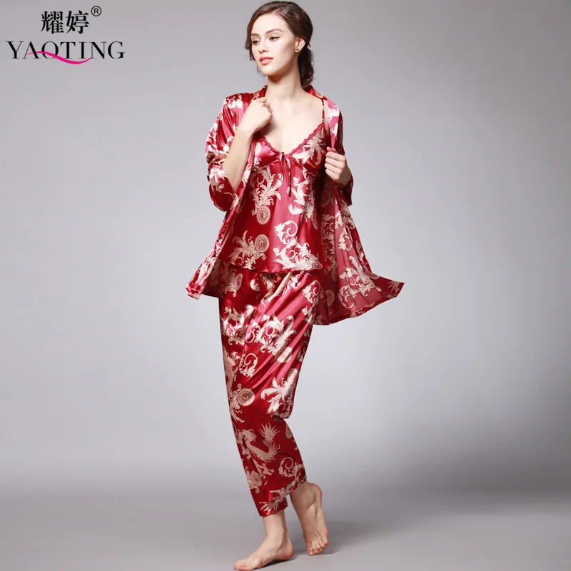 QWEEK Sexy Sleep Lounge 3 Pieces V-Neck Women Pajamas Set Elegant Print Long Sleeve Pyjamas Women Sleepwear Women Nightwear