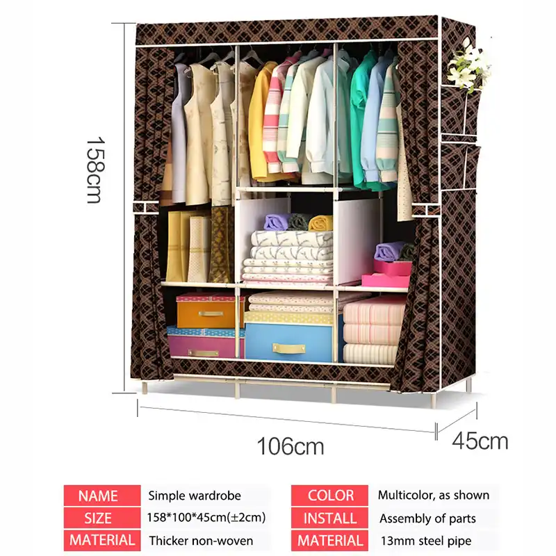 Simple Wardrobe Non Woven Steel Pipe Frame Reinforcement Standing Storage Organizer Detachable Clothing Closet Bedroom Furniture