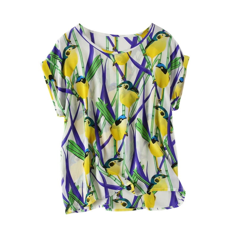 

Women Summer Silk Blouse O neck Short sleeve office OL casual natural silk blouses bird print real silk basic summer shirt tops