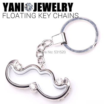 

10pcs/lot Free Shipping Silver Plated Beard Keychains Ring Floating Locket Rhinestones Living Floating Locket